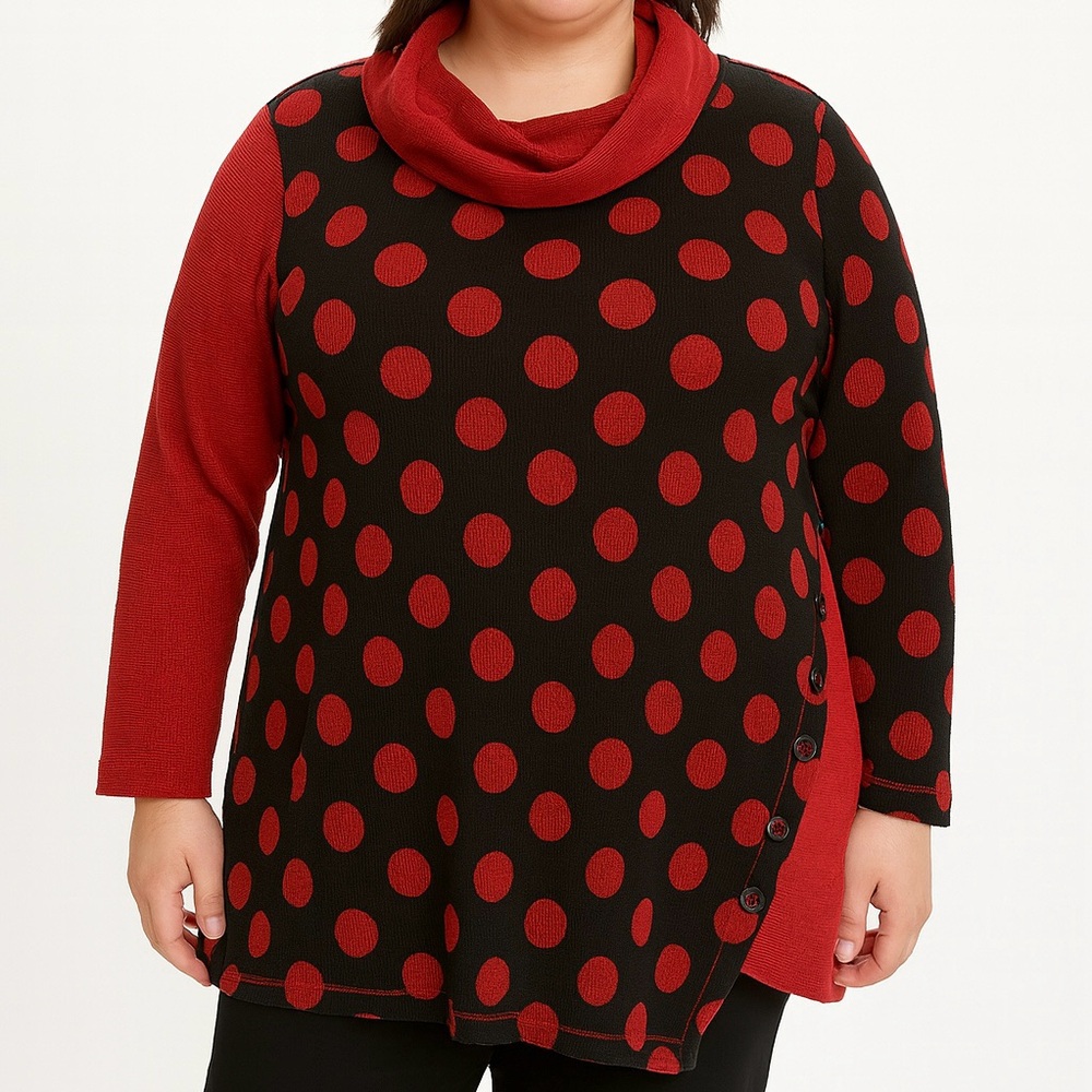 Ali Miles Red and Black Polka Dot Cowl Neck Tunic Asymmetrical Sweater 3XL